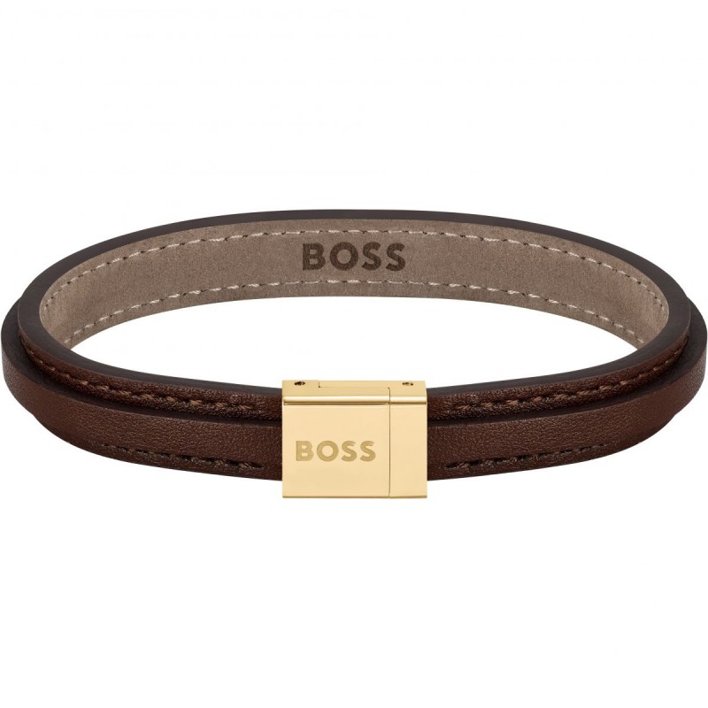 Boss Bracelet Homme Acier Doré Et Cuir Marron 1580329M