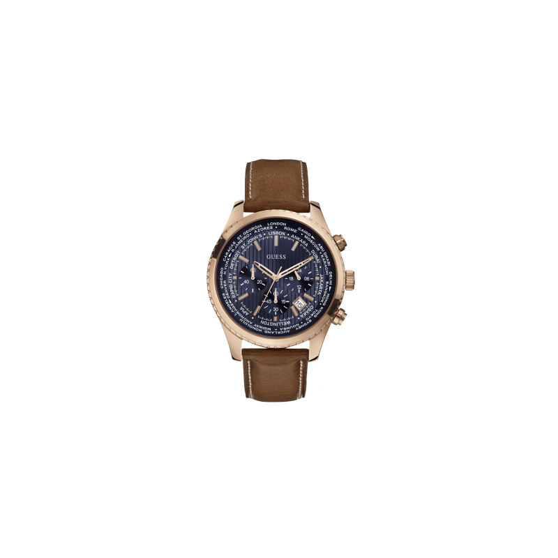 Montre Homme Guess Watch W0500G1 Chronographe - Bracelet Cuir Marron -  Cadran Bleu