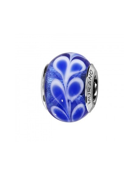 Charms Coulissant Argent Rhodié Murano Véritable Bleu motif Fleur-C05004
