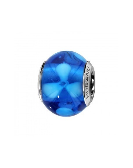 Charms Coulissant Argent Rhodié Murano Véritable Bleu avec Fleur-C05011