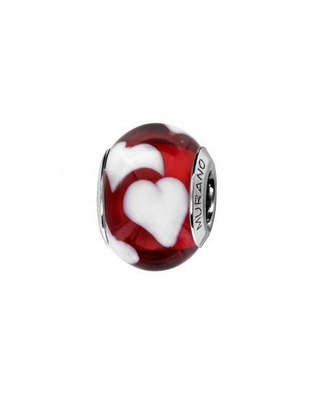 Thabora Charms Coulissant Argent Rhodié Murano Fond Rouge Coeur Blanc-C05102