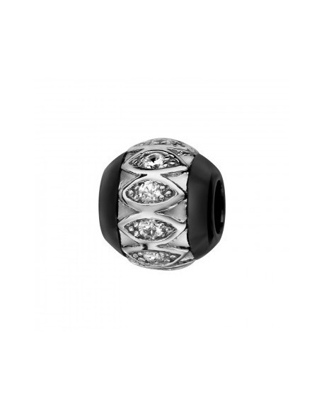 Charms Boule Céramique Noire motif oval Argent Rhodié et Oxydes Blancs-C05517N