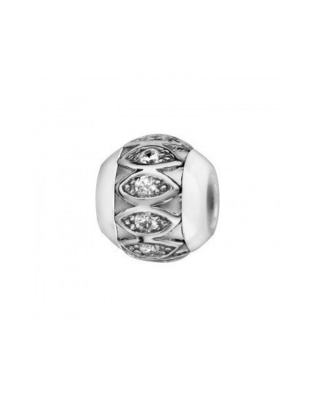 Charms Boule Céramique Blanche motif oval Argent Rhodié et Oxydes Blancs-C05517W