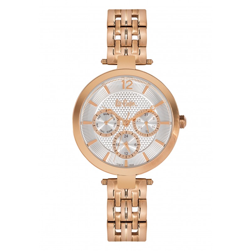 Lee Cooper Montre Femme Multifonction Cadran Argenté Bracelet Doré Rose LC06241.430 Lee Cooper Montre Femme Multifonction Cadran Argenté Bracelet Doré Rose LC06241.430