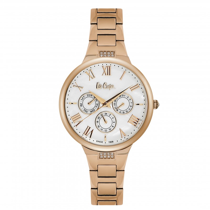Lee Cooper Montre Femme Multifonction Cadran Nacré Bracelet Doré Rose LC06466.420 Lee Cooper Montre Femme Multifonction Cadran Nacré Bracelet Doré Rose LC06466.420