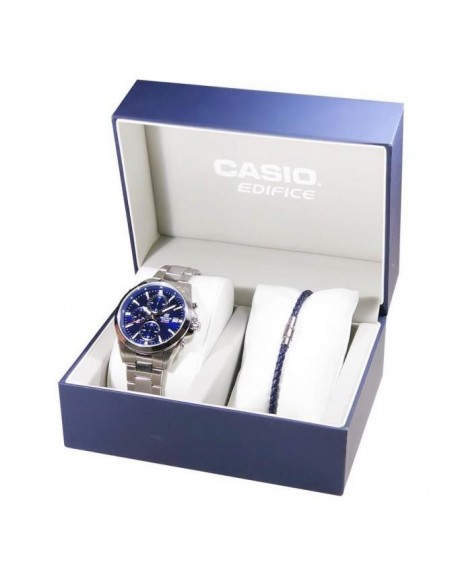 Casio Coffret Homme Edifice Chrono Acier et Bracelet Cuir Bleu EFV-560D-2FR