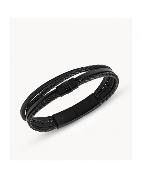 Fossil Homme Bracelet Cuir Noir Multi-rangs et Acier JF03098001