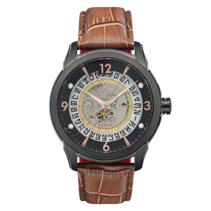CCCP Montre Homme Automatique Dateur Sputnik Cadran Noir Bracelet Marron-CP-7001-06 CCCP Montre Homme Automatique Dateur Sputnik Cadran Noir Bracelet Marron-CP-7001-06