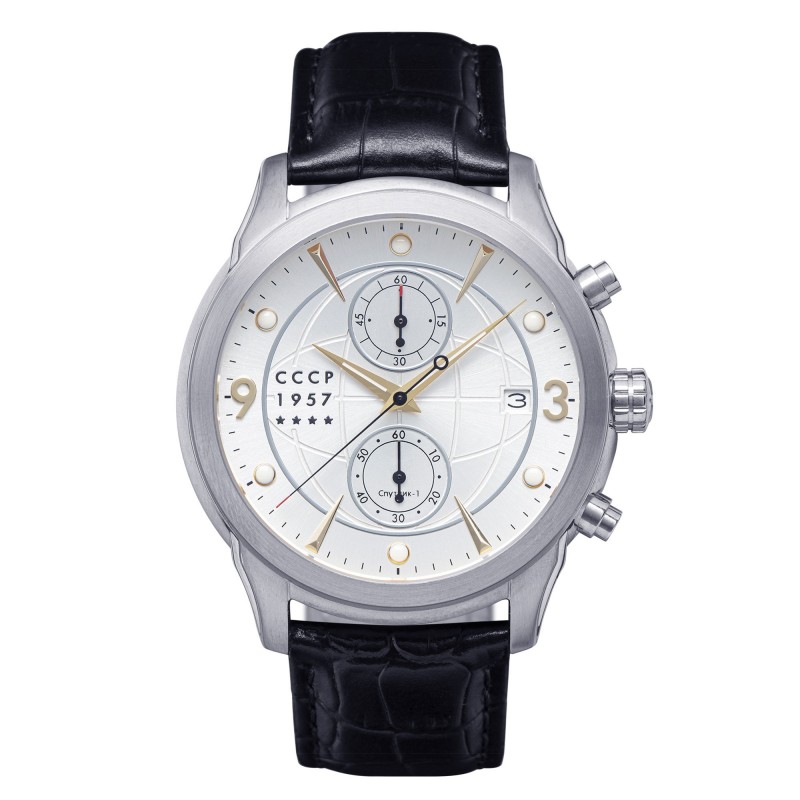 CCCP Montre Homme Quartz Chronographe Sputnik-1 Cadran Acier Bracelet Noir-CP-7002-03 CCCP Montre Homme Quartz Chronographe Sputnik-1 Cadran Acier Bracelet Noir-CP-7002-03