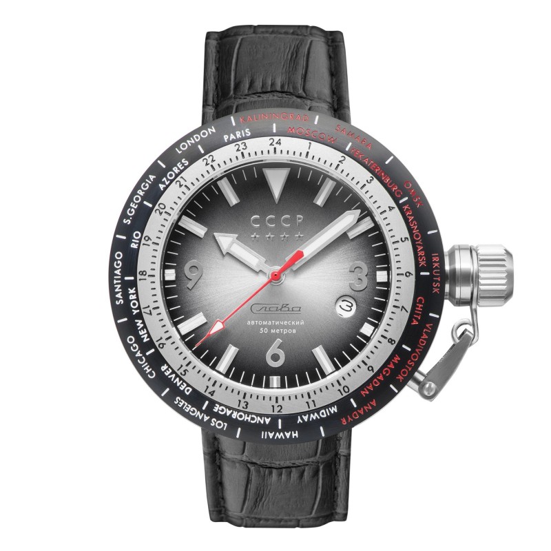 CCCP Montre Homme Automatique Dateur Russia Timezone Cadran Noir Bracelet Noir-CP-7053-01 CCCP Montre Homme Automatique Dateur Russia Timezone Cadran Noir Bracelet Noir-CP-7053-01