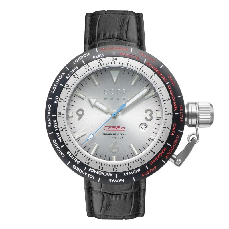 CCCP Montre Homme Automatique Dateur Russia Timezone Cadran Acier Bracelet Noir-CP-7053-03 CCCP Montre Homme Automatique Dateur Russia Timezone Cadran Acier Bracelet Noir-CP-7053-03