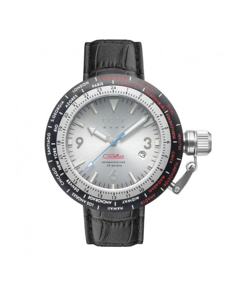 CCCP Montre Homme Automatique Dateur Russia Timezone Cadran Acier Bracelet Noir-CP-7053-03