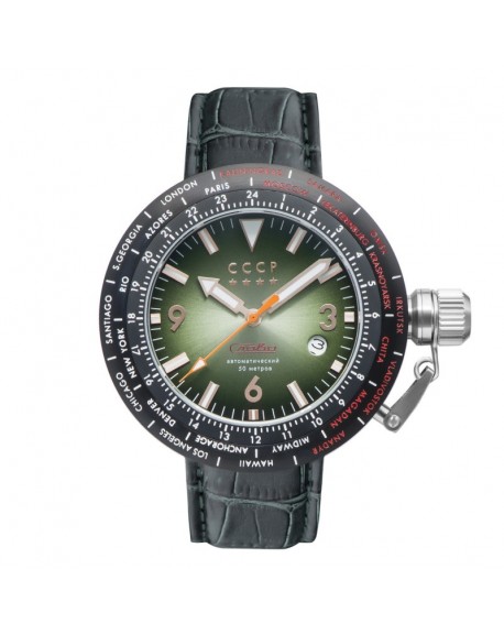CCCP Montre Homme Automatique Dateur Russia Timezone Cadran Vert Bracelet Vert-CP-7053-04