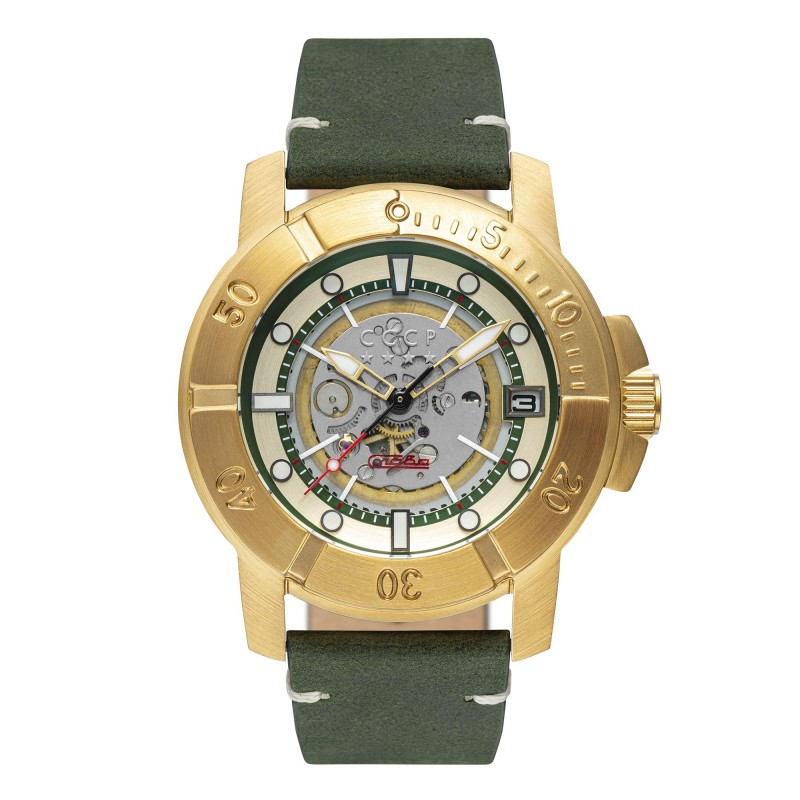 CCCP Montre Homme Automatique Dateur Gorshkov Cadran Doré Bracelet Vert-CP-7057-03 CCCP Montre Homme Automatique Dateur Gorshkov Cadran Doré Bracelet Vert-CP-7057-03