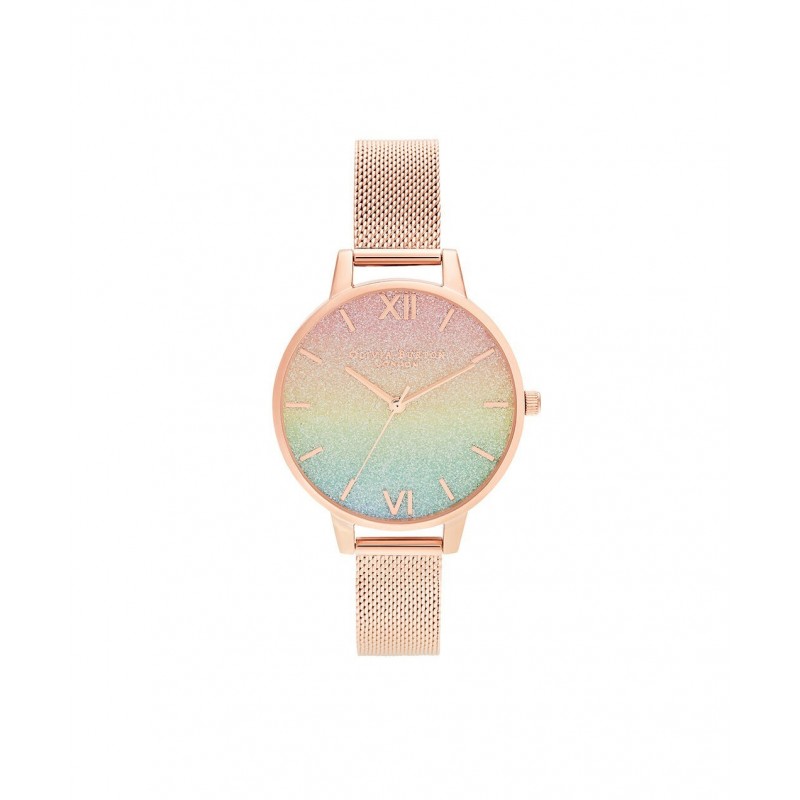 Olivia Burton Rainbow Montre Femme Acier Doré Rose Milanais OB16RB18 Olivia Burton Rainbow Montre Femme Acier Doré Rose Milanais OB16RB18