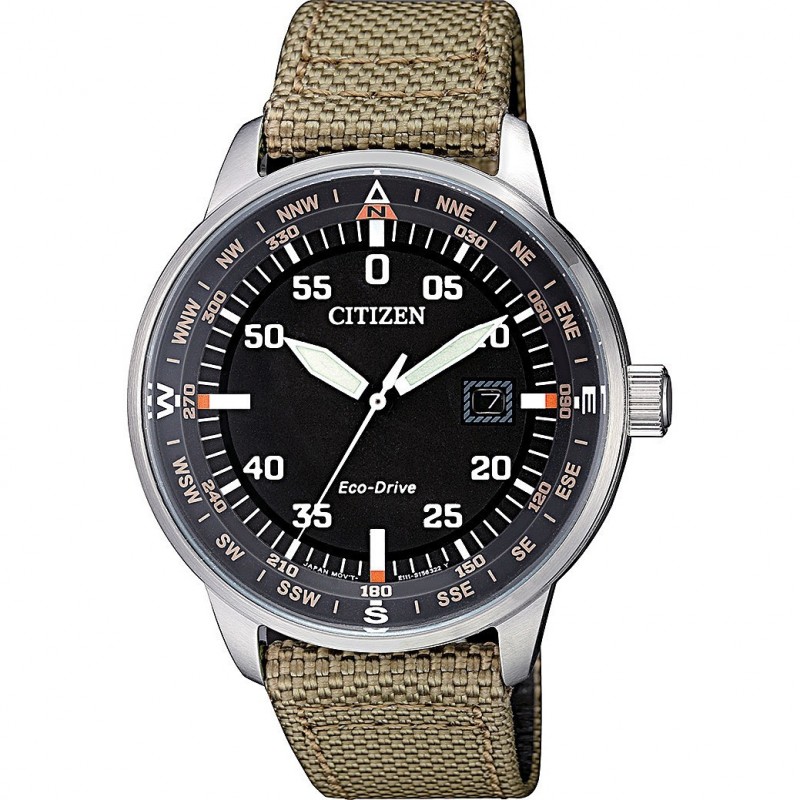 Citizen Montre Homme Eco Drive Cuir Noir Doublé Tissu Kaki - BM7390-14E Citizen Montre Homme Eco Drive Cuir Noir Doublé Tissu Kaki - BM7390-14E