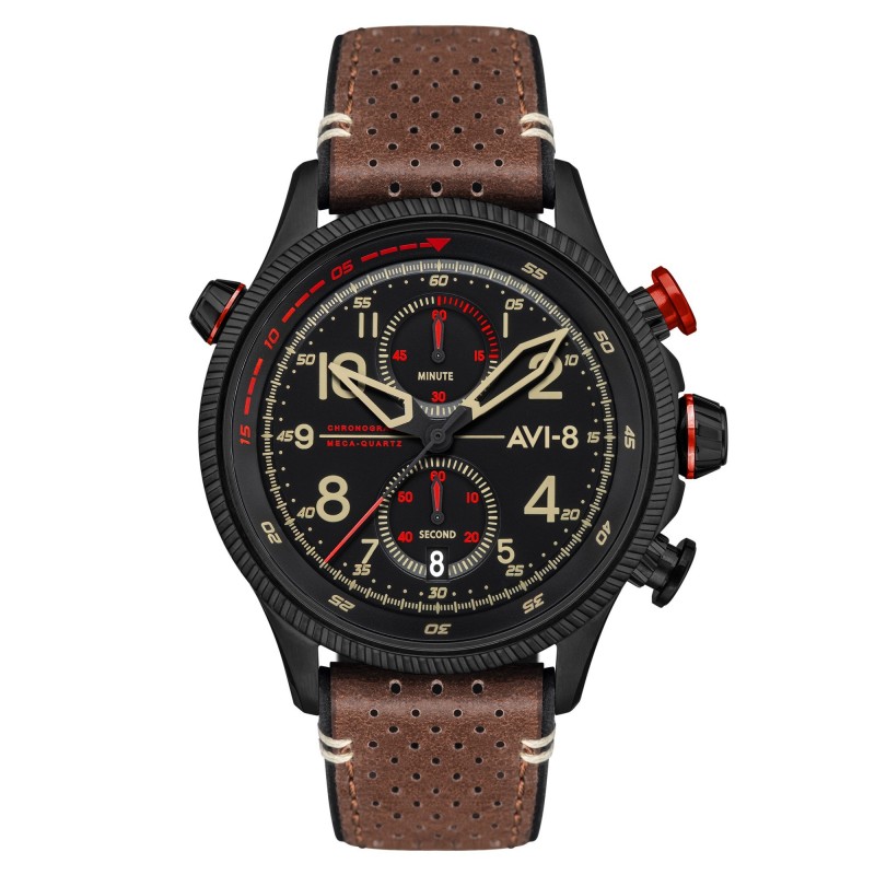 AVI-8 Montre Homme Quartz Chronographe Bracelet Marron Cadran Noir - AV-4080-04 AVI-8 Montre Homme Quartz Chronographe Bracelet Marron Cadran Noir - AV-4080-04