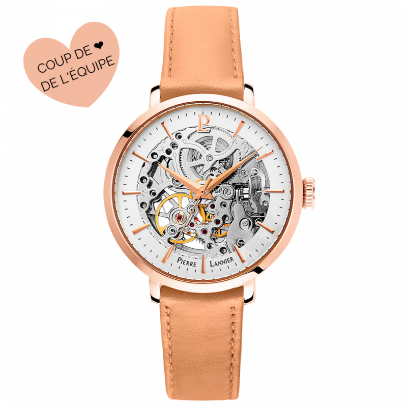Pierre Lannier Automatic Montre Femme Acier Doré Rose Cuir Camel 309D929 Pierre Lannier Automatic Montre Femme Acier Doré Rose Cuir Camel 309D929