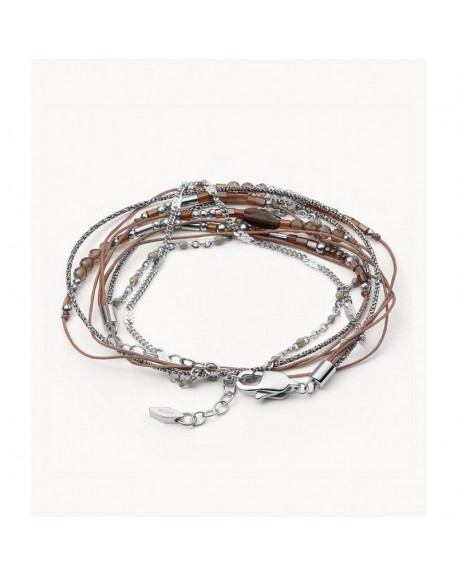 Fossil Multistrings Bracelet Femme Acier Multi Rangs Hématite et Quartz Fumé JF03536040