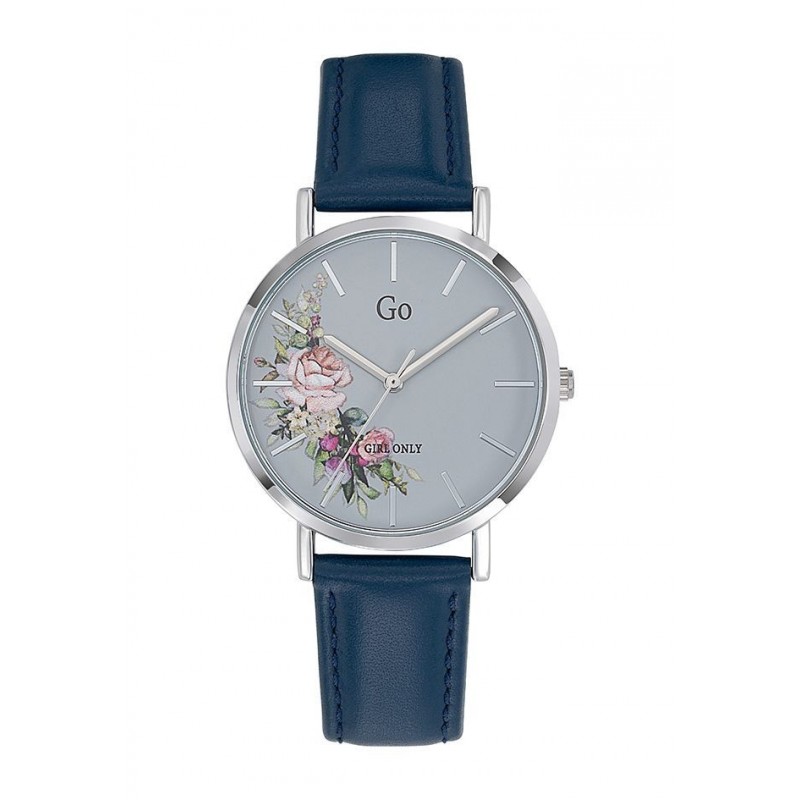 Go Girl Montre Femme Acier Cuir Bleu Cadran Gris Et Fleurs 699259 Go Girl Montre Femme Acier Cuir Bleu Cadran Gris Et Fleurs 699259