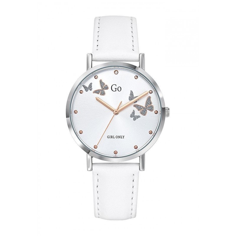 Go Girl Montre Femme Acier Cuir Blanc Cadran Blanc Et Papillons 699346
