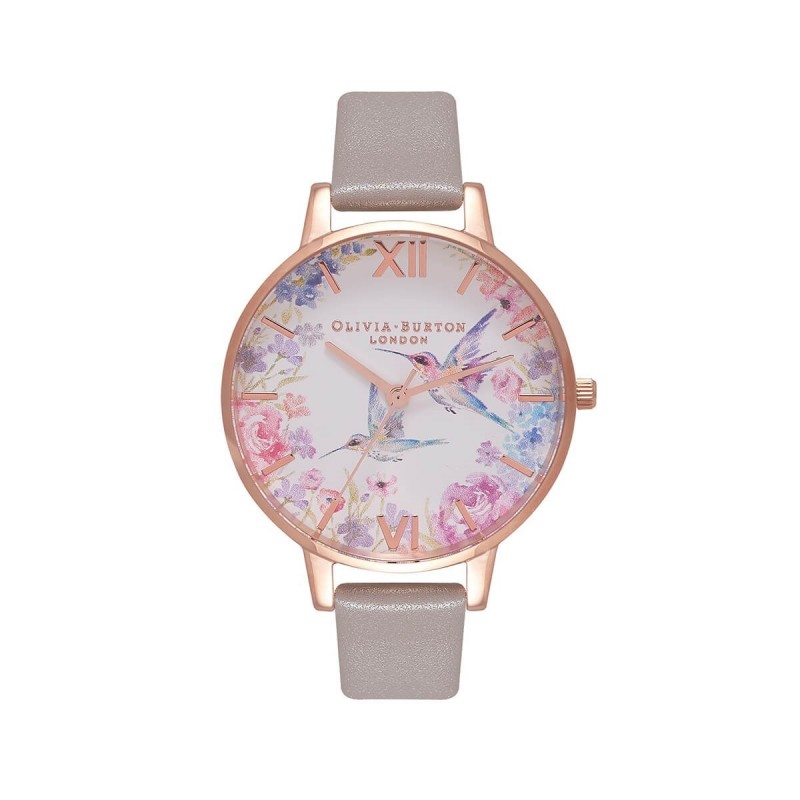 Olivia Burton Painterly Prints Montre Femme Acier Doré Rose Cuir Gris OB16PP79