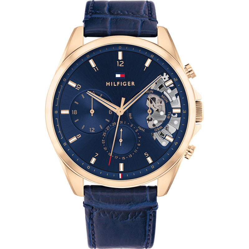 Tommy Hilfiger Baker Montre Homme Multifonction Acier Doré Rose Cuir Bleu 1710451 Tommy Hilfiger Baker Montre Homme Multifonction Acier Doré Rose Cuir Bleu 1710451