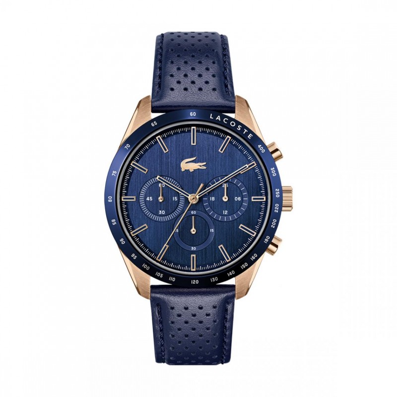 Lacoste Boston Montre Homme Chronographe Acier Doré Cuir Bleu 2011111 Lacoste Boston Montre Homme Chronographe Acier Doré Cuir Bleu 2011111