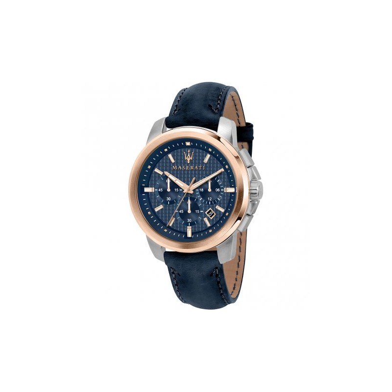 Maserati Successo Montre Homme Chronographe Acier Doré Rose Cuir Bleu R8871621015 Maserati Successo Montre Homme Chronographe Acier Doré Rose Cuir Bleu R8871621015