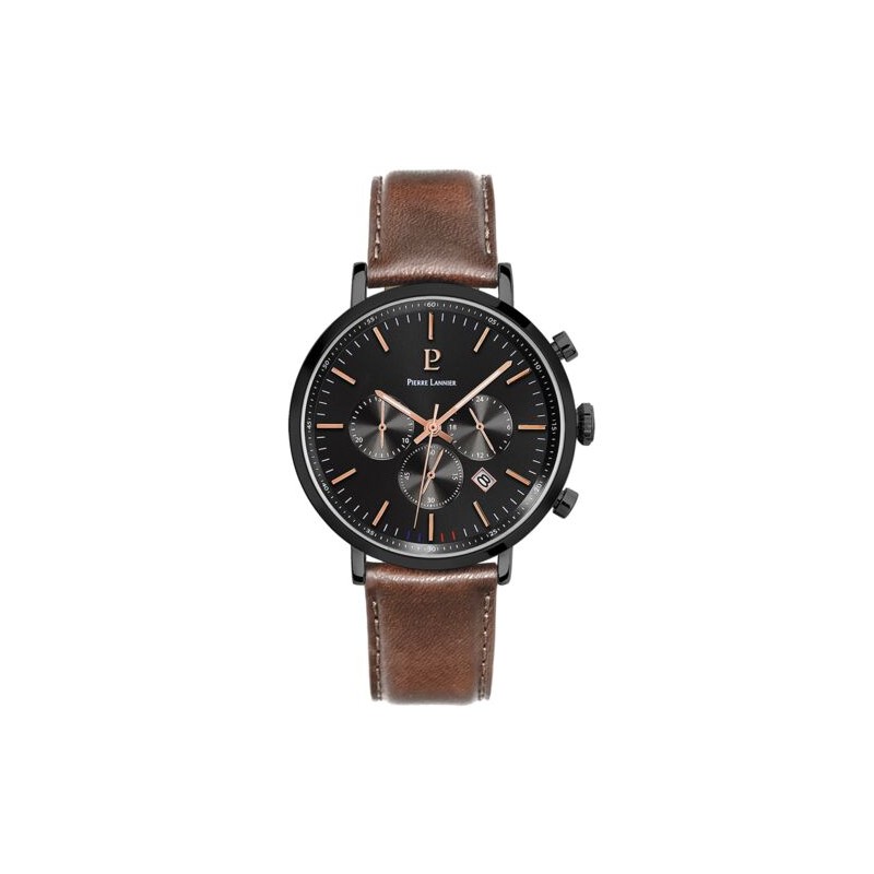 Pierre Lannier Baron Montre Homme Chronographe Acier Noir Cuir Marron 222G434 Pierre Lannier Baron Montre Homme Chronographe Acier Noir Cuir Marron 222G434