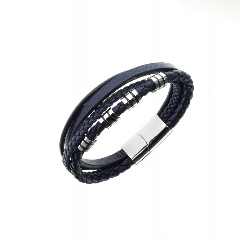 All blacks Bracelet Homme Acier Cuir Bleu Multi Rangs 682221 All blacks Bracelet Homme Acier Cuir Bleu Multi Rangs 682221