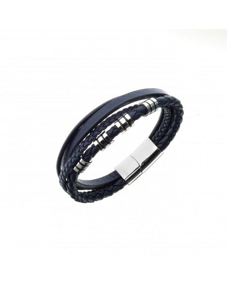 All blacks Bracelet Homme Acier Cuir Bleu Multi Rangs 682221