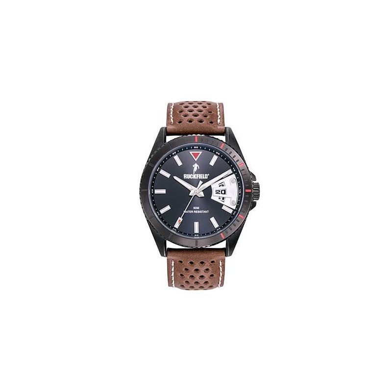Ruckfield Montre Homme Acier Noir Cuir Marron 685134 Ruckfield Montre Homme Acier Noir Cuir Marron 685134