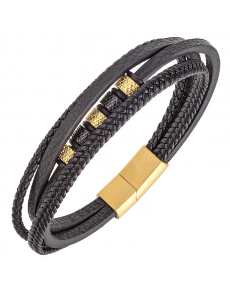 All blacks Bracelet Homme Acier Cuir Noir Multi Rang 682286