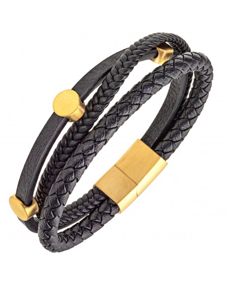 All blacks Bracelet Homme Acier Cuir Noir Multi Rang 682287