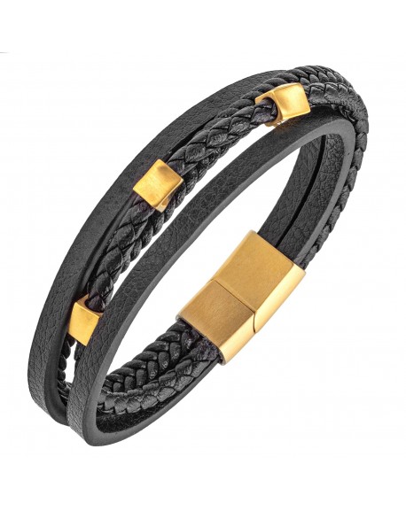 All blacks Bracelet Homme Acier Cuir Noir Multi Rang 682288