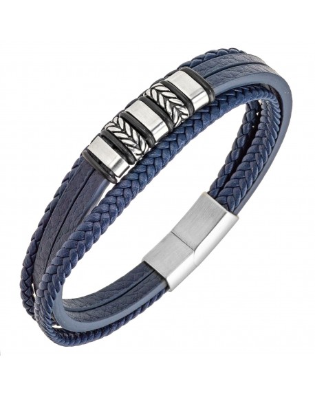 All blacks Bracelet Homme Acier Cuir Bleu Multi Rang 682289