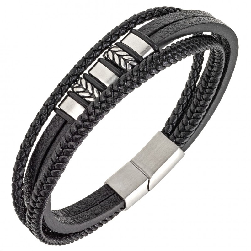 All blacks Bracelet Homme Acier Cuir Noir Multi Rang 682290 All blacks Bracelet Homme Acier Cuir Noir Multi Rang 682290