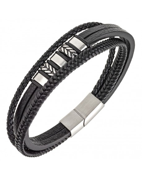 All blacks Bracelet Homme Acier Cuir Noir Multi Rang 682290
