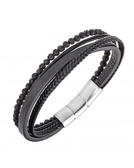All blacks Bracelet Homme Acier Cuir Noir Multi Rang 682292