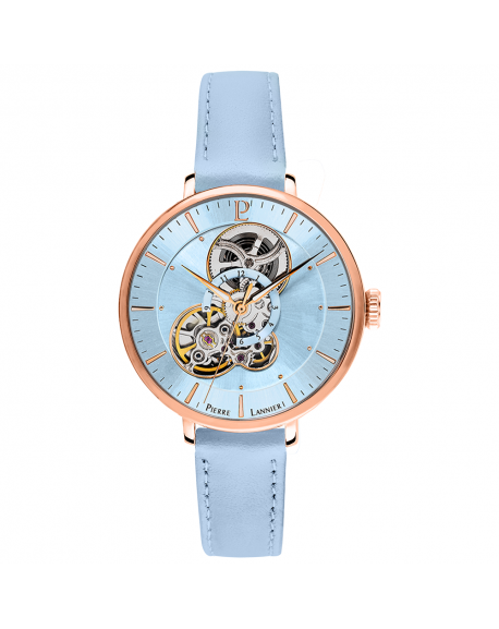 Pierre Lannier Melodie Automatique Montre Femme Acier Doré Rose Cuir Bleu 349A966