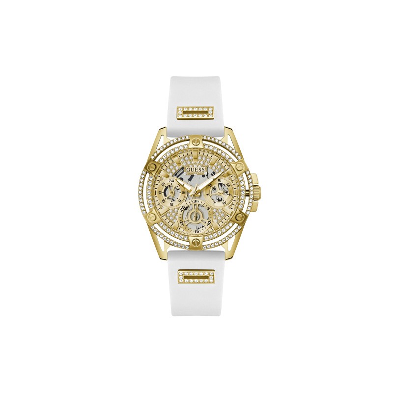 Guess Queen Montre Femme Multifonction Acier Doré Silicone Blanc GW0536L2 Guess Queen Montre Femme Multifonction Acier Doré Silicone Blanc GW0536L2