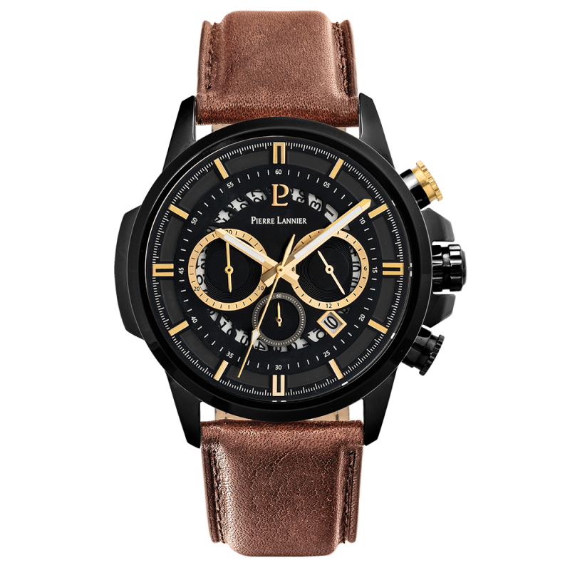 Pierre Lannier Sentinelle Homme Chronographe Acier Noir Cuir Marron 237F434 Pierre Lannier Sentinelle Homme Chronographe Acier Noir Cuir Marron 237F434