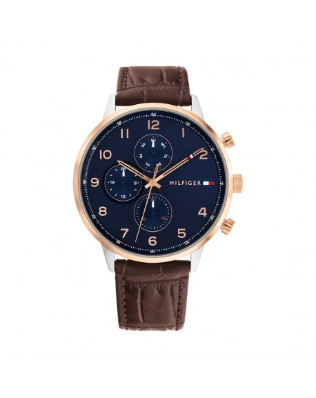 Tommy Hilfiger Leonard Montre Homme Multifonction Acier Bicolore Cuir Marron 1791987