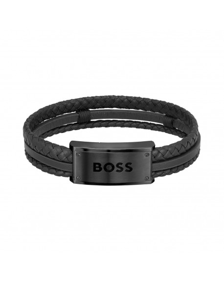 Boss Bracelet Homme Acier Noir Et Cuir Noir 1580425