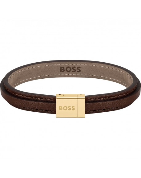 Boss Bracelet Homme Acier Doré Et Cuir Marron 1580329M