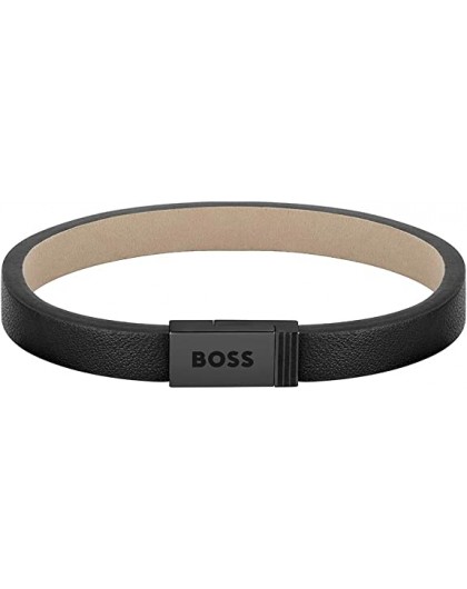 Boss Bracelet Homme Acier Noir Et Cuir Noir 1580337S