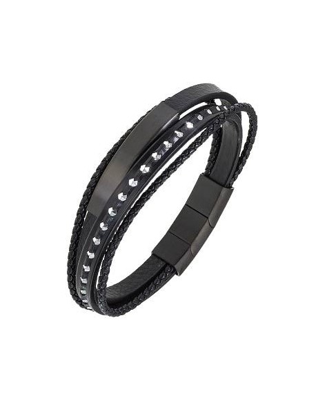 All blacks Bracelet Homme Acier Noir Cuir Noir Multi Rangs 682312
