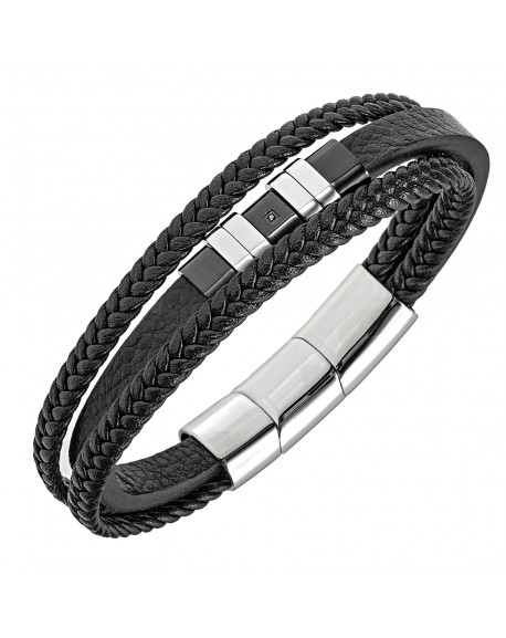 All blacks Bracelet Homme Acier Cuir Noir Multi Rangs 682319