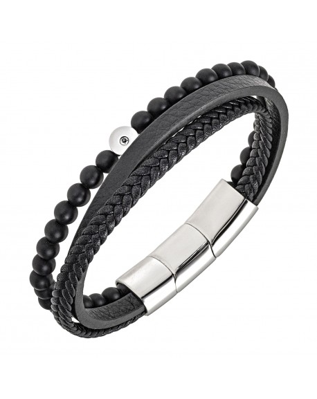 All blacks Bracelet Homme Acier Cuir Noir Et Perles Noires Multi Rangs 682320